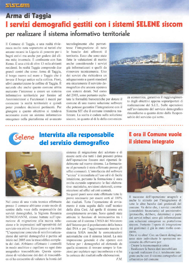 Arma di Taggia: I servizi demografici gestiti con i sistemi Selene siscom per realizzare il sistema informativo territoriale